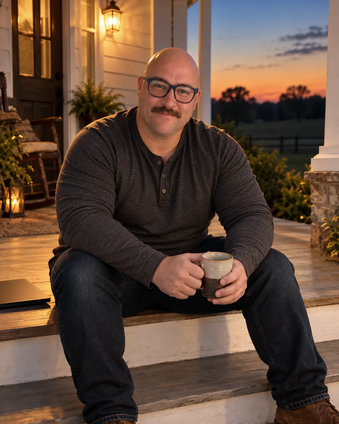 Joe Hill on a farmhouse porch step at dusk, coffee mug in hand, porch light on
