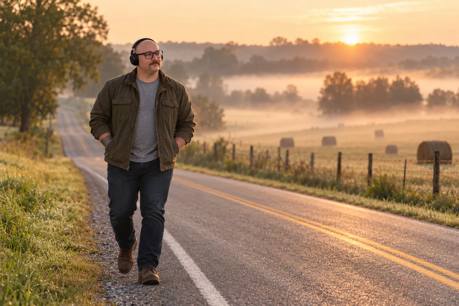 Joe Hill walking a two-lane county road on a foggy morning, headphones on, hay bales in the field